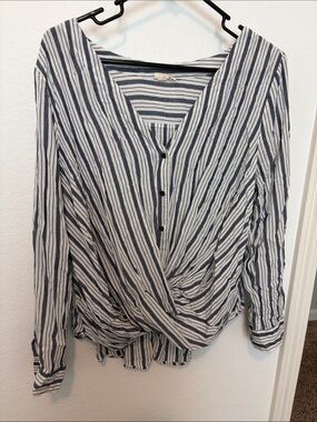 a.n.a Blue and White Striped Button-Front Twist Blouse